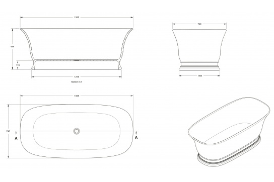 Cambridge 156 x 74 TitanCast Solid Surface Freestanding Bath - Satin Silk White