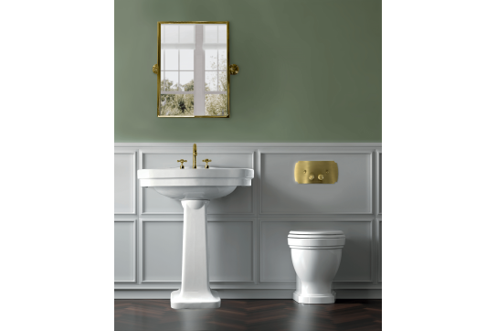 Package - Claremont Floor Mounted Pan & Seat + Geberit In-wall Cistern + Traditional Flush Plate