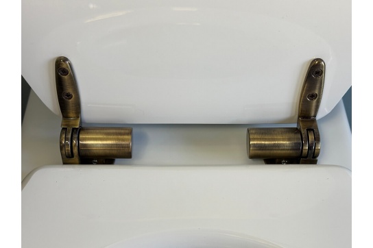 Claremont White Soft Close Toilet Seat - Antique Brass Hinges