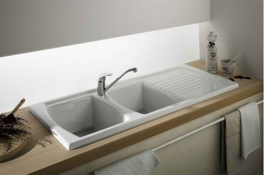 Lusitano 120 x 50 Inset Fine Fireclay Kitchen Sink - Double Bowl and Single Drainer