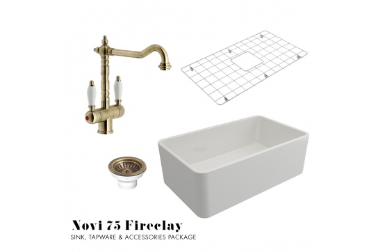 Novi 75 Fireclay Sink, Tap & Accessory Package - Antique Brass
